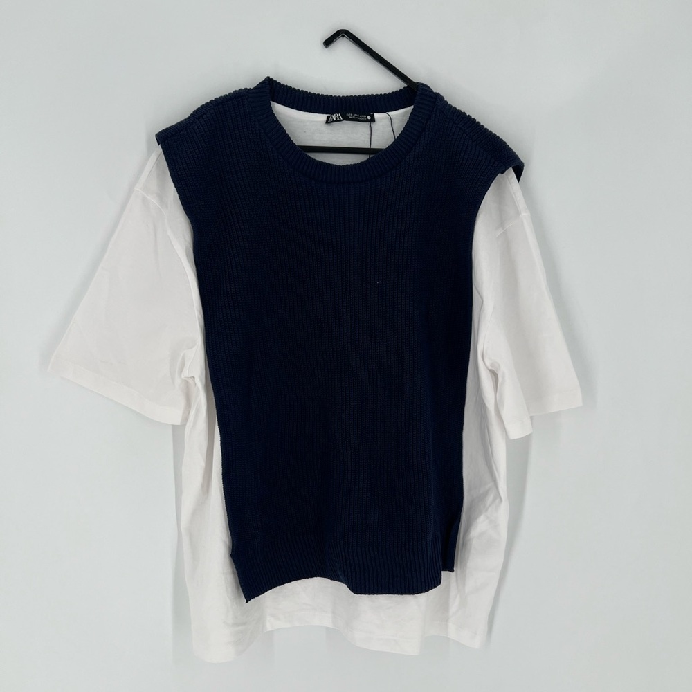 Zara Knit Sweater Contrasting Overlay Mixed Shirt Sweater Layered Bib Vest